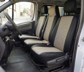 Set huse scaune autoutilitara 2+1 pentru fata culoare negru cu crem, piele ecologica compatibil cu Opel Vivaro 2014-2019 VAN - Img 2
