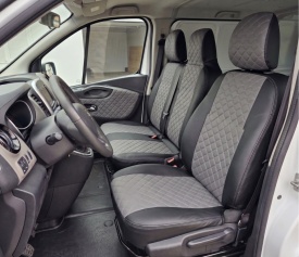 Set huse scaune autoutilitara 2+1 pentru fata culoare negru cu gri, piele ecologica compatibil cu Renault Trafic 2014-2019 VAN