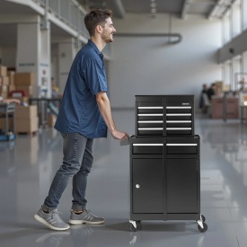 Carucior pentru scule, organizator dulap scule cu 5 sertare, cutie scula metalica detasabila in partea superioara, bara blocare, raft scule atelier garaj - Img 8