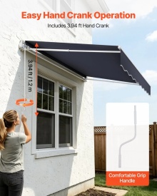 Copertina retractabila manuala, 240x210 cm, pentru terasa exterioara, parasolar retractabil, adapost pentru usa si fereastra din poliester rezistent la apa, cu maner manivela pentru curte, balcon, culoare gri - Img 10