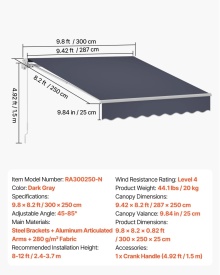 Copertina retractabila manuala, 300 x 250 cm, pentru terasa exterioara, parasolar retractabil, adapost pentru usa si fereastra din poliester rezistent la apa, cu maner manivela pentru curte, balcon, culoare gri - Img 11