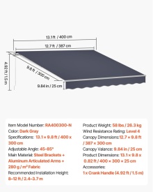 Copertina retractabila manuala, 400x300 cm, pentru terasa exterioara, parasolar retractabil, adapost pentru usa si fereastra din poliester rezistent la apa, cu maner manivela pentru curte, balcon, culoare gri - Img 10