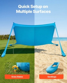 Cort plaja, adapost soare plaja, UPF 50+, inaltime 2m, 3.4 m x 3.4 m, copertina de plaja ușor de ridicat cu saci de nisip, stalpi de stabilitate, lopeți de nisip - Img 5