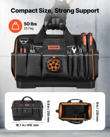 Geanta de scule, 410 mm, organizator de scule portabil cu 33 de buzunare, cu baza rezistentă la apa, fermoar mare, curea de umar reglabila - Img 3