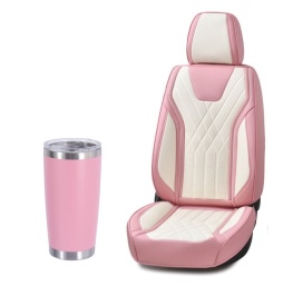 Pachet set huse scaune auto universale, piele ecologica roz cu alb, Luxury si Pahar termic din otel inoxidabil cu capac, termos 600 ml, cu perete dublu, roz