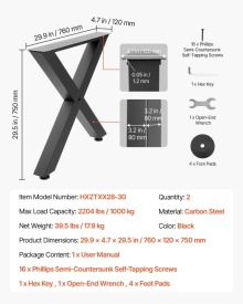 Picioare de masa, 750 mm inaltime x 760 mm latime, picioare de mobilier din otel, design modular, asamblare usoara, sarcina maxima 1000 kg, pentru birou, mese de bar, banc de lucru, 2 bucati, cadru în X, culoare negru - Img 6