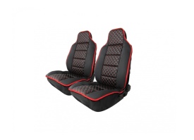 Set 2 Huse auto Scaune Fata 1+1 Universal, Material textil negru cu imitatie de piele neagra cu cusaturi rosii - Img 1