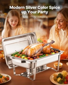 Set de bufet pentru incalzit cu capac, 8 litri, pachet de 4, din otel inoxidabil cu 4 tigai de dimensiuni normale, incalzitor catering cu capac, suport pentru tigaie de apa, suport pentru combustibil, pentru nunti, petreceri, banchete, argintiu - Img 3