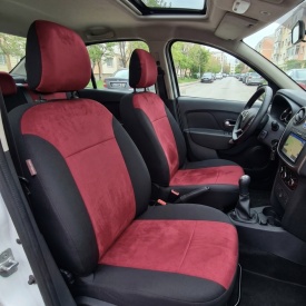 Set huse auto pentru scaune compatibile Dacia Logan II 2012-2020, negru cu visiniu, cu bancheta spate fractionata, material textil, Lichidare de stoc! - Img 3