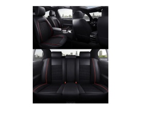 Set huse auto scaune universale de lux din piele cu textil, negru cu cusaturi rosii pentru scaunele fata si spate - Img 4