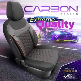 Set huse auto scaune universale Otom Luxury, Carbon Design material textil cu piele ecologica, culoare negru cu cusaturi rosii - Img 7