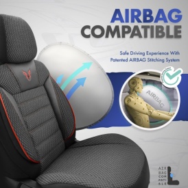 Set huse auto scaune universale Otom Luxury, Toro Sport Design, material textil cu piele ecologica, culoare negru cu cusaturi rosii - Img 5