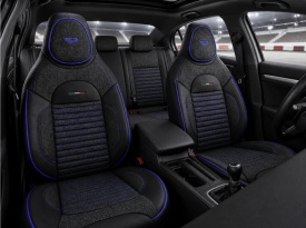 Set huse scaune auto compatibil Dacia Logan II 2012-2020, fata-spate, piele ecologica cu textil, cu tetiera integrata, negru cu dunga albastra