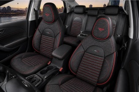 Set huse scaune auto compatibil Dacia Logan II 2012-2020, fata-spate, piele ecologica cu textil, cu tetiera integrata, negru cu dunga rosie