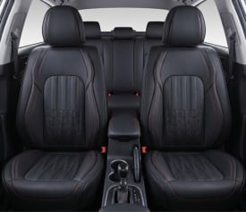 Set huse scaune auto compatibil Dacia Sandero II 2012-2020, fata-spate, piele ecologica negru cu cusatura rosie