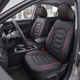 Set huse scaune auto compatibil SKODA Superb I 2002-2008, fata-spate, Piele ecologica, negru cu cusatura rosie - Img 3