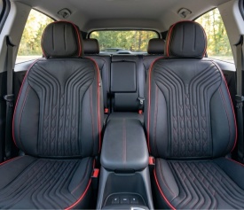Set huse scaune auto compatibil Toyota Rav4 2006-2012, fata-spate, material textil negru cu cusatura rosie