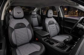 Set huse scaune auto compatibil VW Golf VI 2009-2012, fata-spate, piele ecologica cu textil, cu tetiera integrata, negru cu gri