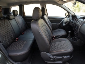 Set huse scaune auto dedicate Dacia Duster I 2014-2017, piele ecologica neagra si cusaturi maro in romb, Lichidare stoc! - Img 8