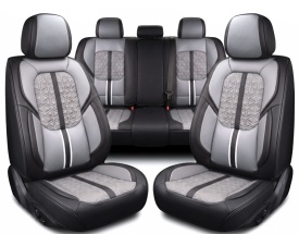 Set huse scaune auto premium universale, fata-spate, piele ecologica, culoare negru cu gri si dunga alba