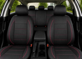 Set huse scaune auto universale de lux, fata-spate, piele ecologica, culoare negru cu dungi si cusaturi rosii