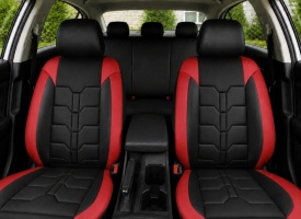 Set huse scaune auto universale de lux, fata-spate, piele ecologica, culoare negru cu rosu