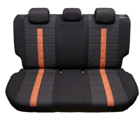 Set huse scaune auto, universale, fata-spate, negru cu dunga maro, textil si piele ecologica - Img 3