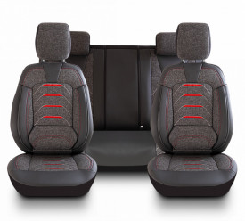 Set huse scaune auto universale, fata-spate, piele ecologica cu textil, negru cu gri si rosu, BODRUM Series - Img 1