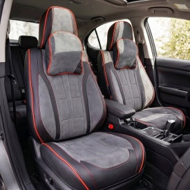 Set huse scaune auto universale, piele ecologica culoare neagra material textil gri si cusatura rosie, fata-spate - Img 6