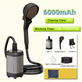 Dus portabil de camping cu afisaj LED, baterie 6000mAh, rezistent la apa IPX7 si 4 moduri de pulverizare