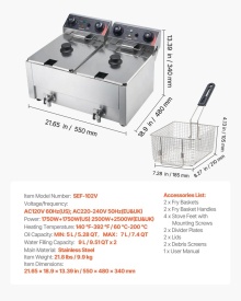 Friteuza electrica comerciala, dubla, capacitate ulei 14 L, friteuza de blat din otel inoxidabil de 5000W cu cosuri si capace, control temperatura, temporizator, protectie la supraincalzire, pentru restaurant si nu numai, culoare argintiu - Img 5