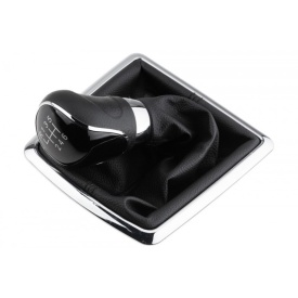 Nuca schimbator de viteze cu rama si manson piele ecologica compatibil Ford C-Max 2007-2017, Kuga 2008-2012, B-Max 2012, 6 trepte, piele ecologica, negru cu crom