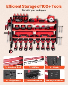 Organizator de scule electrice, suport de perete, suport de depozitare cu 4 straturi cu 8 suporturi pentru burghie, suport de depozitare scule cu placi laterale perforate, organizator de scule pentru garaj sau atelier - Img 3