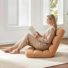Scaun de podea, scaun de gaming pliabil cu 14 pozitii reglabile si spatar, cadru metalic robust cu spuma reciclata si suprafata din fleece coral, multifunctional pentru citit, relaxare, culoare maro - Img 9