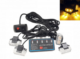 Set 4 Lumini LED, 2 Led, Tip Stroboscop De Avertizare, Galben, Flash, cu Controler, 12V