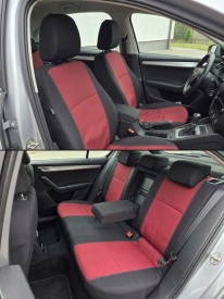 Set huse auto pentru scaune compatibile cu SKODA OCTAVIA III 2012-2020, cu cotiera spate, material textil negru cu visiniu, Lichidare stoc! - Img 2