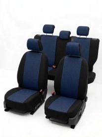 Set huse auto pentru scaune compatibile FORD FOCUS II 2004-2011 HTB sau COMBI, material textil negru cu albastru inchis, Lichidare stoc