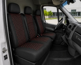 Set huse auto pentru scaune compatibile Mercedes Sprinter 2006-2017 2+1 locuri, material piele ecologica, culoare negru cu cusatura rosie 6 piese