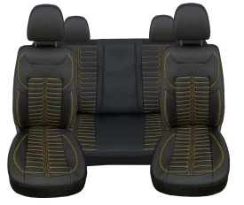 Set huse piele ecologica pentru scaune, negru cu cusatura galbena, universale, fata-spate, Milano Design - Img 1
