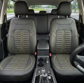 Set huse scaune auto compatibil SKODA Superb I 2002-2008, fata-spate, piele ecologica, negru cusatura galbena, Lichidare stoc!