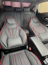 Set huse scaune auto compatibil VW Passat B6 2005-2010, fata-spate, piele ecologica cu tetiera integrata, negru cu cuatura rosie - Img 3