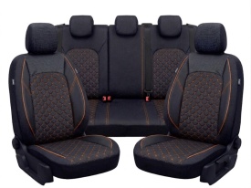 Set huse scaune auto compatibile DACIA DUSTER 2018-2020, piele ecologica cu textil, negru cusatura maro, Lichidare stoc!