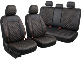 Set huse scaune auto, dedicate VW Golf 7 VII 2013-2020, piele ecologica neagra si cusatura maro in romb, Lichidare stoc!