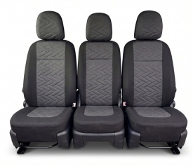 Set huse scaune auto fata 2+1 compatibile cu VW Crafter 2017->, material textil, negru cu gri model sageti, Van, Doka - Img 3