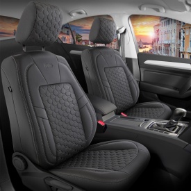 Set huse scaune auto piele ecologica negru cu gri, compatibil Dacia Logan II 2012-2020, fata-spate, Diamond Design - Img 2
