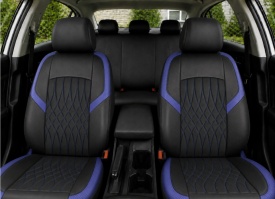 Set huse scaune auto universale de lux, fata-spate, piele ecologica, culoare negru cu albastru