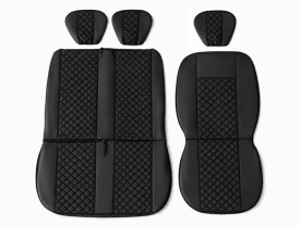 Set huse scaune auto, universale, fata 2+1, material piele ecologica, culoare negru cu cusaturi negre, model romb - Img 3
