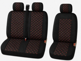 Set huse scaune auto, universale, fata 2+1, material textil, culoare negru cu cusaturi rosii, model romb - Img 2