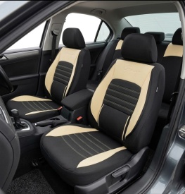 Set huse scaune auto universale, piele ecologica crem cu material textil negru, fata-spate, Lichidare stoc!