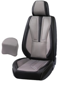Set huse scaune auto universale, piele ecologica culoare neagra cu material textil gri, fata-spate - Img 2